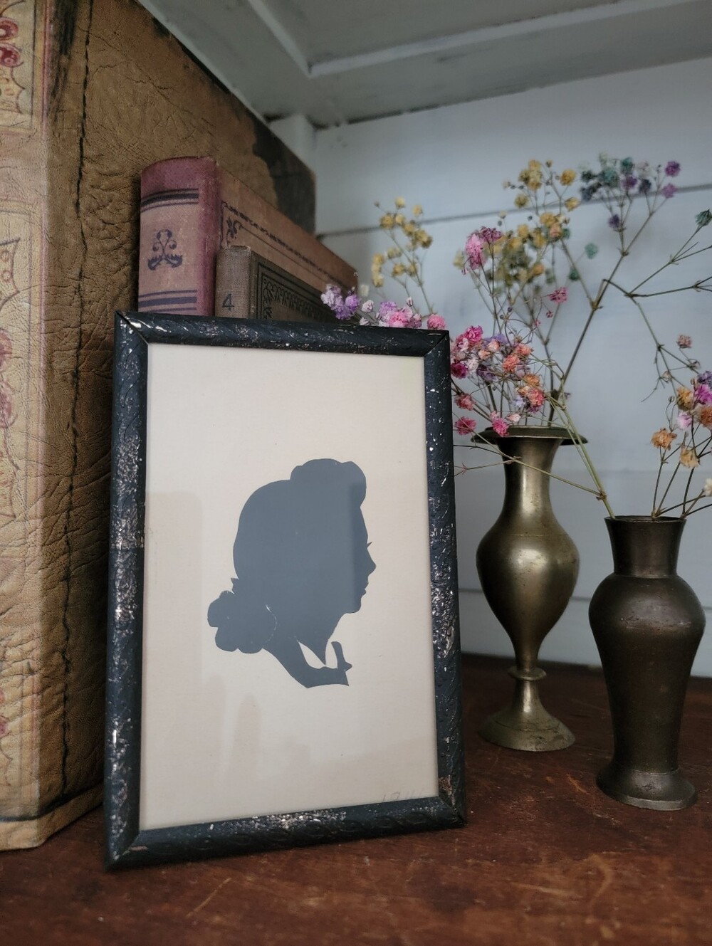 Vintage Framed Hand Cut Art Silhouette Dated 1946 Young Lady Right Facing